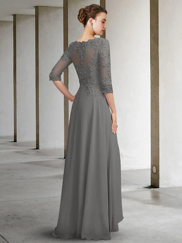 Wholesale A-Line Mother of the Bride Dress Elegant High Low Jewel Neck Floor Length Chiffon Lace Half Sleeve with Pleats Ruffles Appliques
